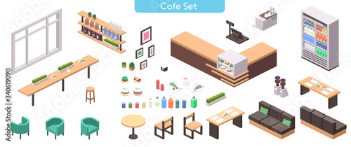 Vector realistic illustration isometric cafe set