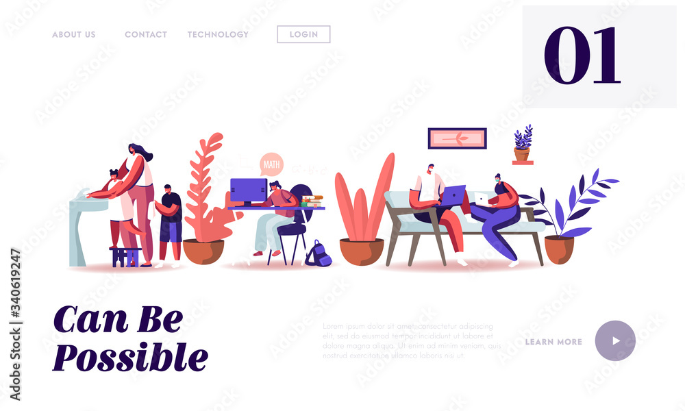 Home Quarantine Landing Page Template. Characters Isolation due to Covid19 Pandemic. Pupils Remote School Education, Freelancer Distant Work. People Wash Hands, Wear Masks. Cartoon Vector Illustration Home Quarantine Landing Page Template. Characters Isolation due to Covid19 Pandemic. Pupils Remote School Education, Freelancer Distant Work. People Wash Hands, Wear Masks. Cartoon Vector Illustration