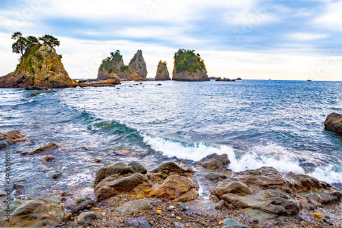 Landscape of the high tides of the minokake rocks in Japan. photo