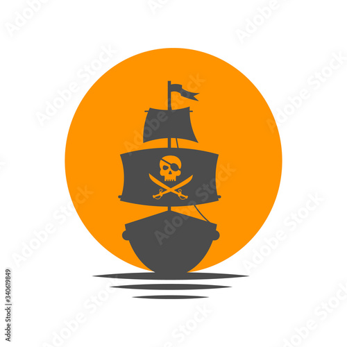 Pirate's Ship on the background of rising sun.