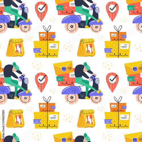 Man driving on delivery scooter. Fast food delivery. Fast shop service.  Coronavirus pandemic self isolation, protection.Flat cartoon colourful vector hand drawn seamless pattern, texture, background,