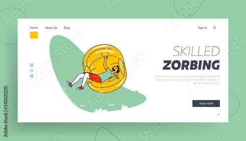 Zorbing Summer Time Fun, Active Recreation and Leisure Landing Page Template. Teen Boy Character Rolling inside of Zorb Sphere . Weekend Activity, Outdoor Adventure, Game. Linear Vector Illustration