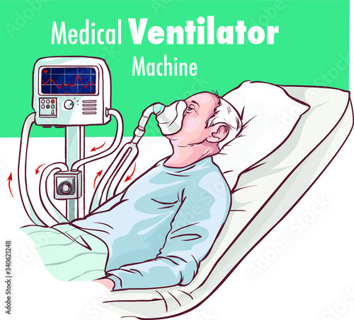 Ventilator Medical Machine Equipment fo Tracheostomy Patient Breathing in Operating Room Surgery Hospital Clinical ICU Intensive 