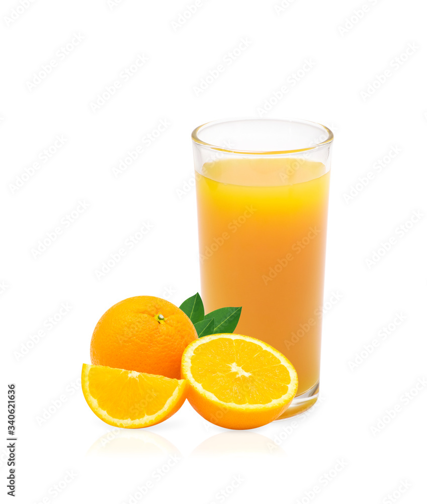 Fresh orange juice and orange fruit sliced with leaves isolated on white background with clipping path Fresh orange juice and orange fruit sliced with leaves isolated on white background with clipping path