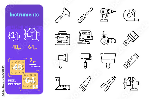 Set instruments simple lines icons of measure, beat and saw.