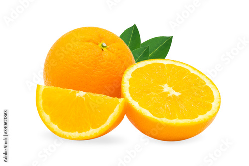 Closeup fresh orange fruit sliced with leaves isolated on white background with clipping path