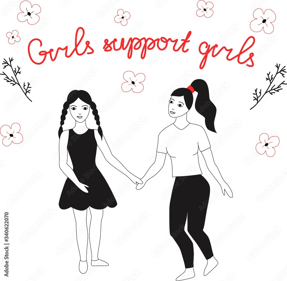 Vector illustration with female characters and hand lettering phrase girls support girls. Vector illustration with female characters and hand lettering phrase girls support girls.