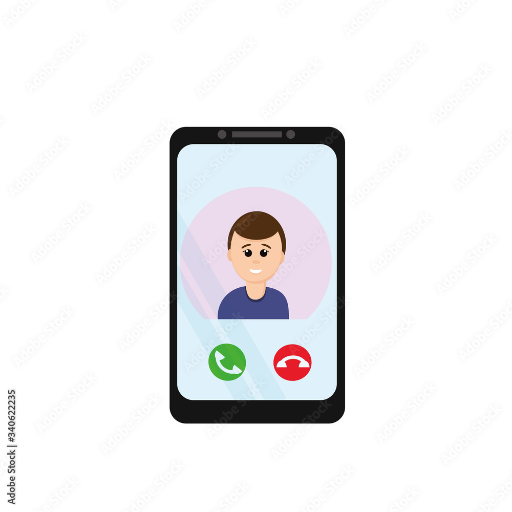screen smartphone in call mode with a man in a flat style. remote distance communication with family and friends, safety during an epidemic and quarantine. icon, sticker, poster banner screen smartphone in call mode with a man in a flat style. remote distance communication with family and friends, safety during an epidemic and quarantine. icon, sticker, poster banner