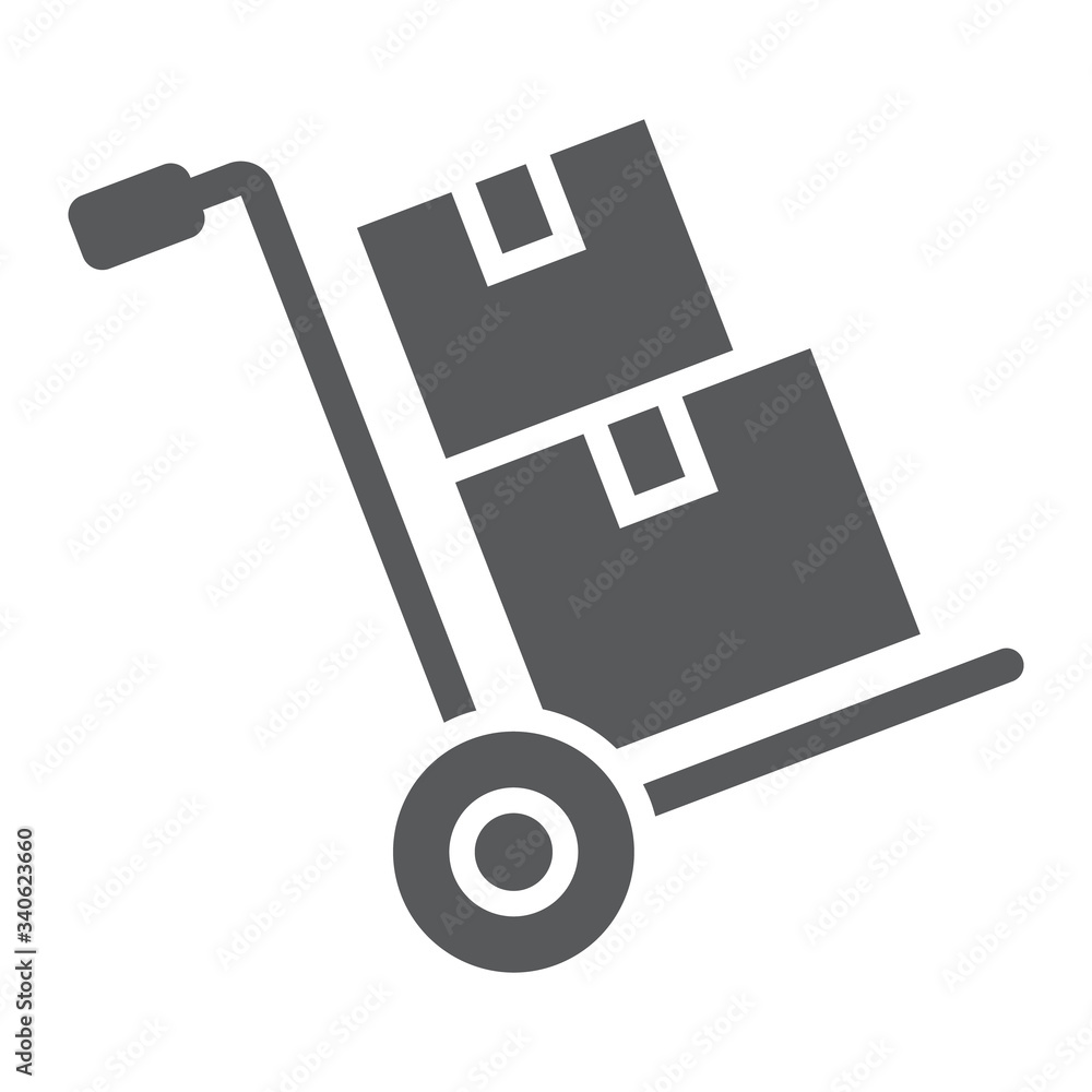 Hand truck with cardboard boxes glyph icon, logistic and delivery, hand dolly sign vector graphics, a solid icon on a white background, eps 10. Hand truck with cardboard boxes glyph icon, logistic and delivery, hand dolly sign vector graphics, a solid icon on a white background, eps 10.