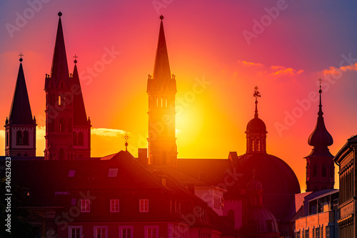 Sunset over city of Wurzburg in Bavaria, Germany