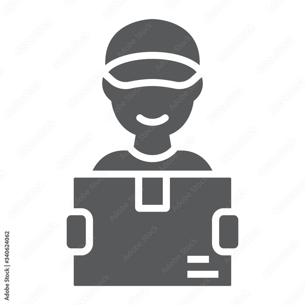 Delivery man glyph icon, courier and delivery, man holding box sign vector graphics, a solid icon on a white background, eps 10. Delivery man glyph icon, courier and delivery, man holding box sign vector graphics, a solid icon on a white background, eps 10.