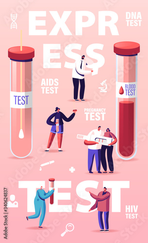 Express Blood Test Concept. Tiny Characters at Huge Glass Flasks. People Give Blood for Detection of Pregnancy and Diseases, Hiv, Aids, Dna, Covid 19 Poster Banner Flyer. Cartoon Vector Illustration
