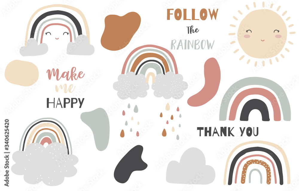 Fototapeta premium Doodle rainbow object set with sun,cloud,rain. illustration for logo,sticker,postcard,birthday invitation.Editable element.Thank you and Follow the rainbow