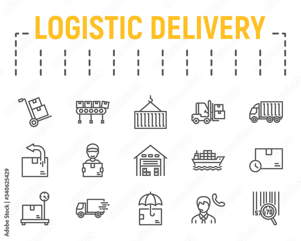 Logistics shipping line icon set, delivery symbols collection, vector sketches, logo illustrations, logistic delivery icons, shipping signs linear pictograms package isolated on white background.