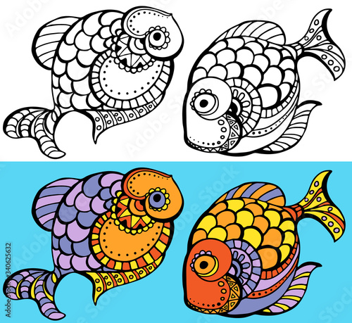 Tropical fish coloring page. Colorful illustration of stylized fantastic fish.Underwater world. Anti-stress coloring for adult and children. Vector illustration. EPS 8