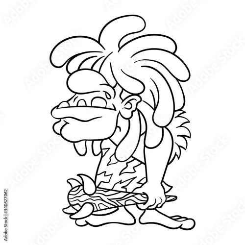 Dreadlocks Hair caveman carry a club with teeth accesories and wearing skin clothes coloring book Cartoon Vector