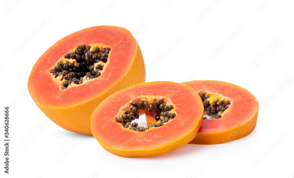ripe papaya fruit with seeds on white background ripe papaya fruit with seeds on white background