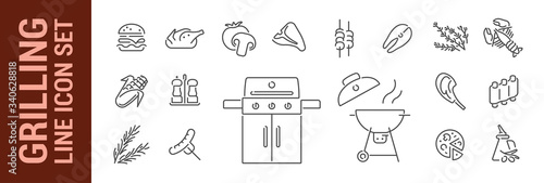 Grilling BBQ vector isolated line icon set. Barbecue grill & food