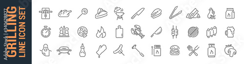 Grilling BBQ vector isolated line icon set. Barbecue & grill. Tools & food