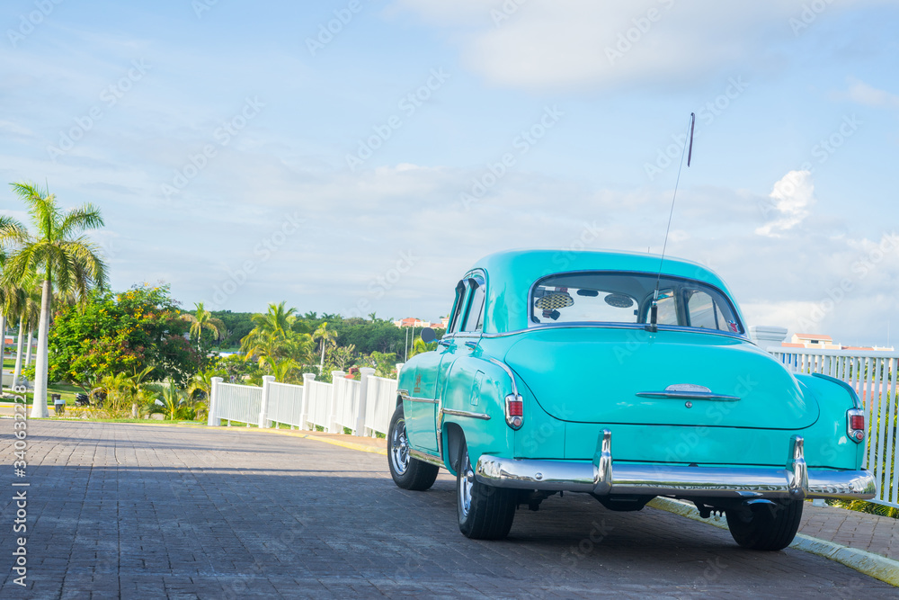 Close-up of blue car in Cuba