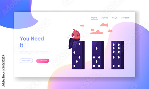 Social Distance during Covid19 Pandemic Quarantine Self Isolation Landing Page Template. Male Character Sitting on Domino Working on Laptop. Contagious Virus Spreading. Cartoon Vector Illustration