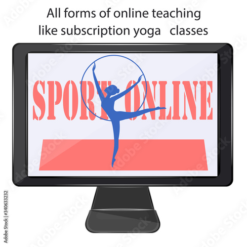 Online sport. Fitness - woman with gymnastic ring - computer, screen - isolated on white background - vector. Home workout.