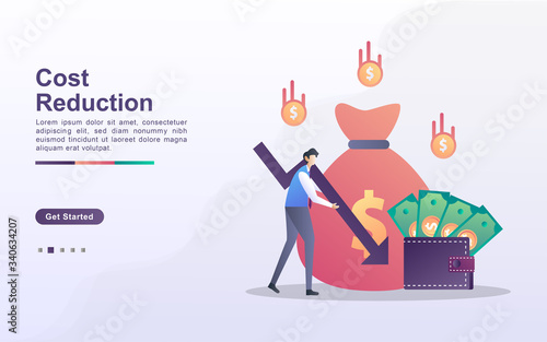 Cost Reduction illustration concept with tiny people. Businessman is managing finances, controlling expenses.