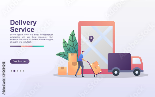 Delivery Service illustration concept with tiny people. Couriers are transporting goods to be sent to customers.