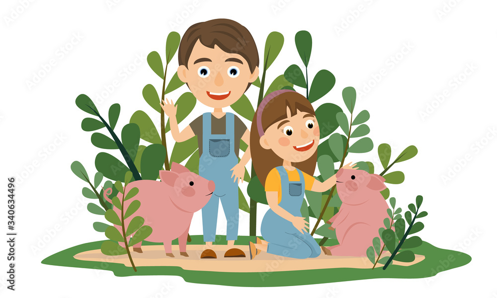 Naklejka premium A boy and a girl in denim overalls are playing with two cute pink pigs. Poultry in the tall grass. Children's vector illustration