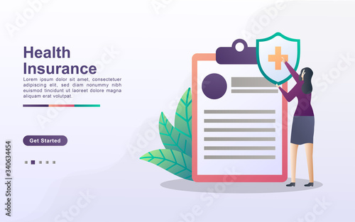 Health Insurance illustration concept with tiny people. People are making health insurance for old age guarantees.