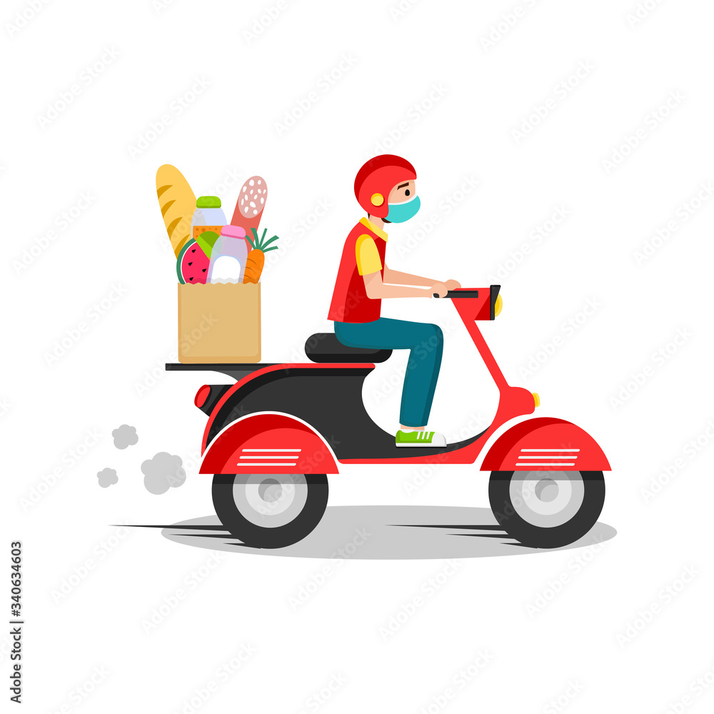 Online food delivery service , online order tracking, delivery home and office. Scooter delivery. Shipping. Man on the bike. Vector illustration Online food delivery service , online order tracking, delivery home and office. Scooter delivery. Shipping. Man on the bike. Vector illustration