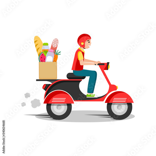 Online food delivery service , online order tracking, delivery home and office. Scooter delivery. Shipping. Man on the bike. Vector illustration