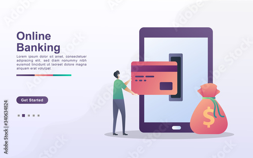Online Banking illustration concept with tiny people. People are conducting online transactions, withdrawing or depositing money using mobile phones.