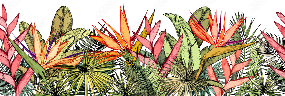 Obraz premium z tropikalnymi liśćmi palm, egzotycznymi kwiatami heliconia i strelitzia.