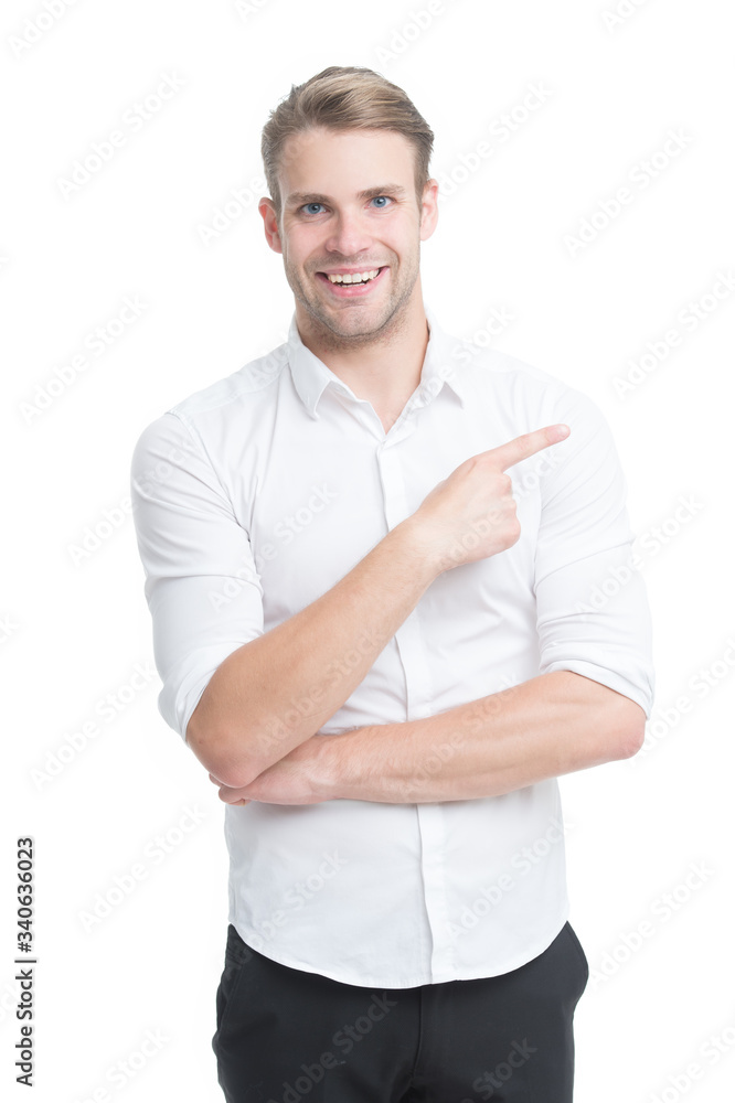 In that direction. Happy man pointing index finger isolated on white. Pointing for advertising. Pointing gesture and gesturing. Pointing and promoting. Shop for sale. Marketing and promotion In that direction. Happy man pointing index finger isolated on white. Pointing for advertising. Pointing gesture and gesturing. Pointing and promoting. Shop for sale. Marketing and promotion