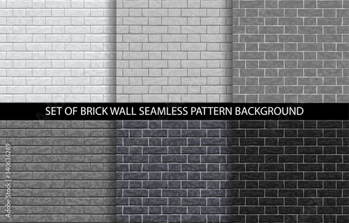 Brick wall grey seamless pattern set. Grayscale gradient brick background textures - gray, white, light, dark, black colors. Set of seamless brick gray wall texture. Vector pattern illustration.