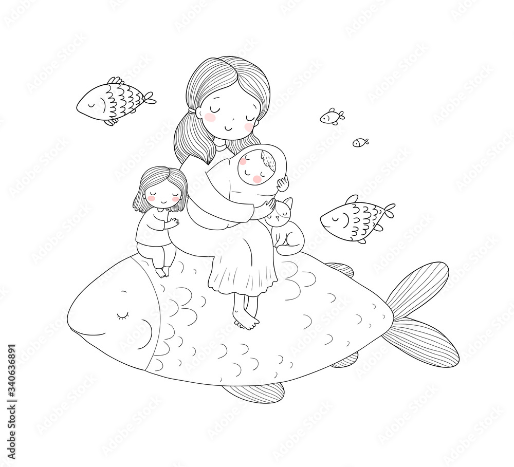 Mom with a baby and daughter and a big magic fish. Woman with a newborn Mom with a baby and daughter and a big magic fish. Woman with a newborn