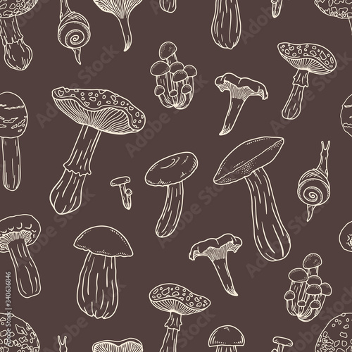 Seamless vector pattern of edible and inedible mushrooms. Brown hand drawn background for fabric  textile and wallpaper