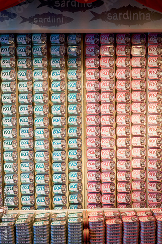 Lisbon / Portugal - OCT 16 2019 : Picture of sardines boxes taking at The Fantastic World Of Portuguese Sardines shop in Lisbon.