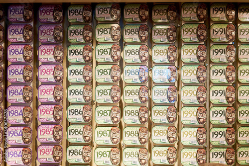 Lisbon / Portugal - OCT 16 2019 : Picture of sardines boxes taking at The Fantastic World Of Portuguese Sardines shop in Lisbon.