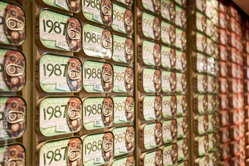 Lisbon / Portugal - OCT 16 2019 : Picture of sardines boxes taking at The Fantastic World Of Portuguese Sardines shop in Lisbon.