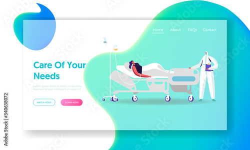 Doctor Stand near Patient Bed Landing Page Template. Female Character Lying in Clinic Department Chamber in Hospital Apply Dropper Treatment during Covid19 Pandemic. Cartoon People Vector Illustration