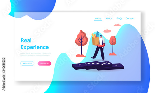 Virus Spreading, Chain Contagious Reaction Landing Page Template. Character in Medical Mask Carry Shopping Bag with Products Pass by Dominoes during Covid19 Pandemic. Cartoon Vector Illustration