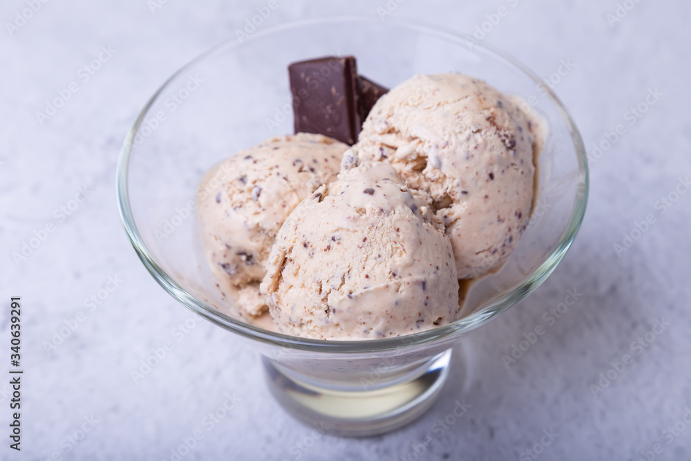 Homemade ice cream with chocolate chips in a bowl. Three balls of ice cream. Close-up. Homemade ice cream with chocolate chips in a bowl. Three balls of ice cream. Close-up.