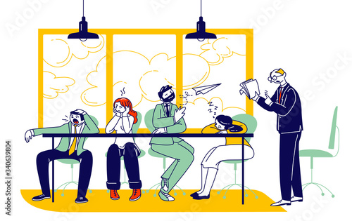 Businesspeople Characters Boring at Meeting or Presentation. Businessman Explain Company Strategy or Data Analysis in Office, Bored Employees Sleeping at Desk. Linear People Vector Illustration
