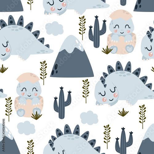 seamless pattern with little dinosaur and mountain - vector illustration, eps