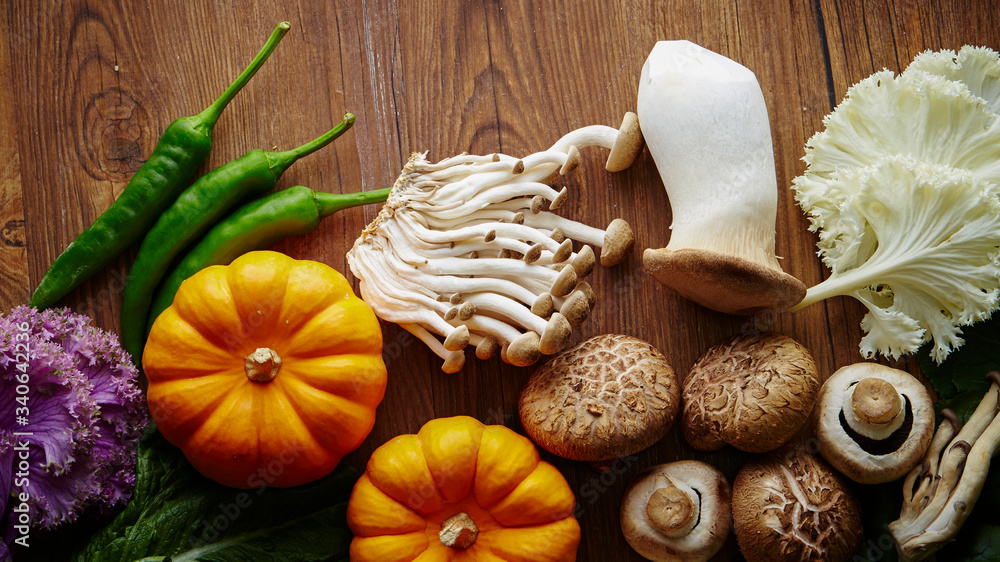 Various vegetable and mushroom on wooden background Various vegetable and mushroom on wooden background