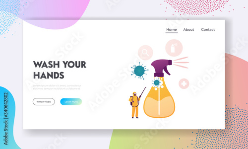 Coronavirus Disinfection Landing Page Template. Tiny Human Character in Protective Suit Spraying Antibacterial Liquid on Huge Sprayer with Covid19 Cells Flying around. Cartoon Vector Illustration