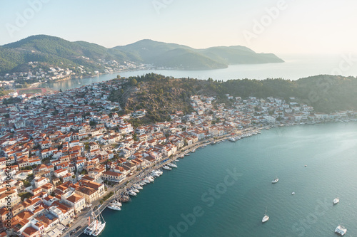 Fototapeta Naklejka Na Ścianę i Meble -  Top view of the Poros island, Greece. Morning aerial shot.