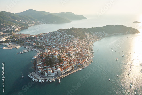 Top view of the Poros island, Greece. Morning aerial shot.